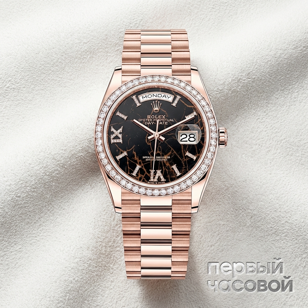 Rolex Day-Date 36 mm Everose Gold Eisenkiesel Dial Diamond Bezel
