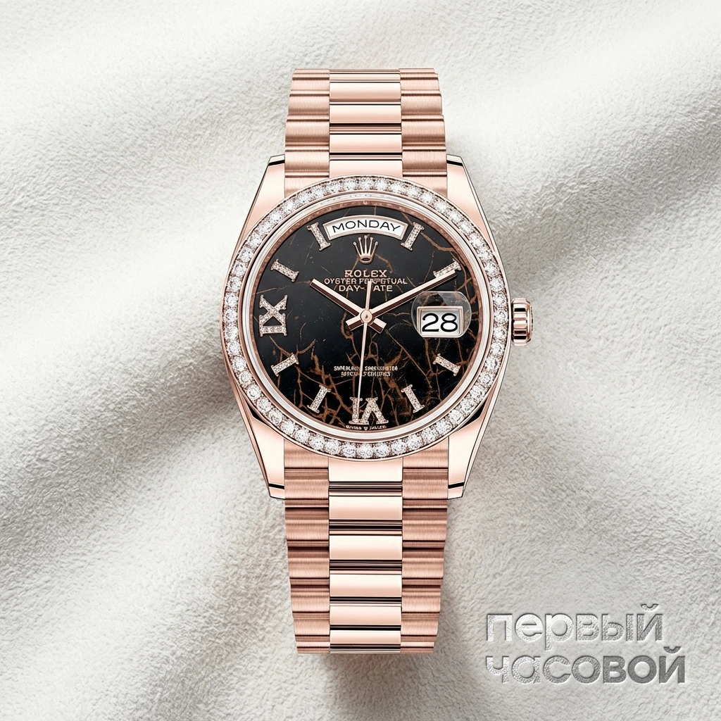 Rolex Day-Date 36 mm Everose Gold Eisenkiesel Dial Diamond Bezel 128345RBR