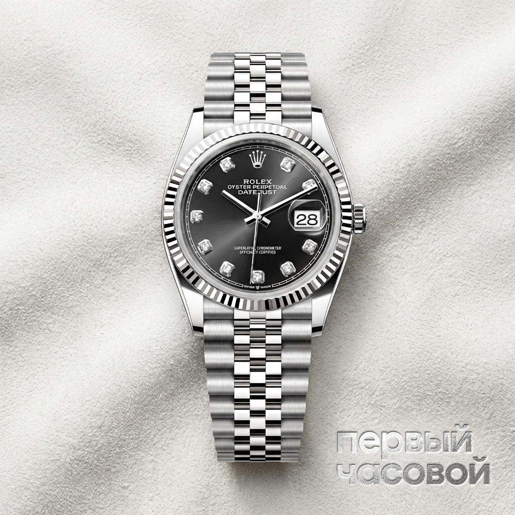 Rolex Datejust 36Mm Steel & White Gold Black Dial Diamonds