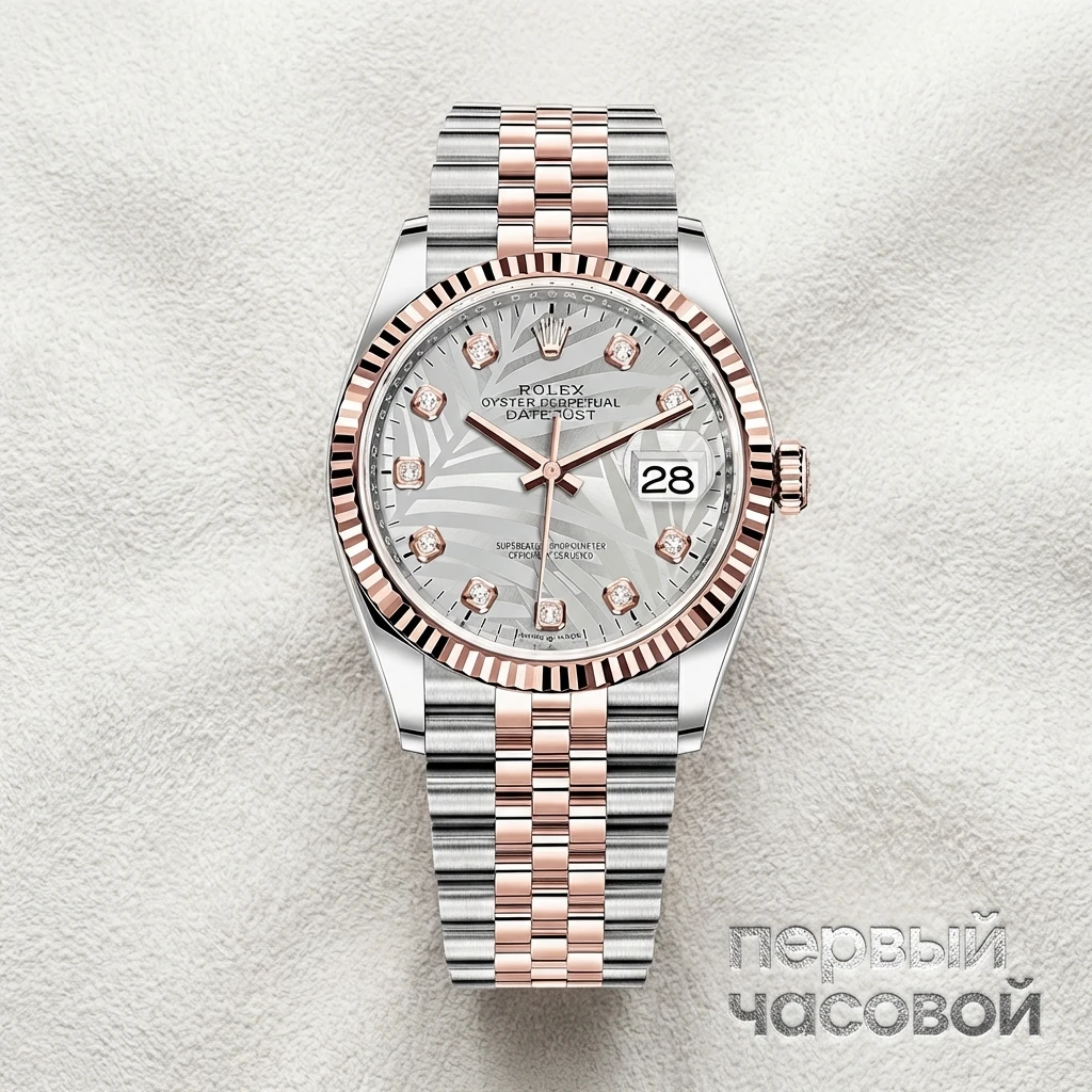 Купить элитные часы Rolex Datejust 36mm Steel and Everose Gold Palm Motif &amp; Diamonds Dial Fluted Bezel 126231: в наличии в Москве!