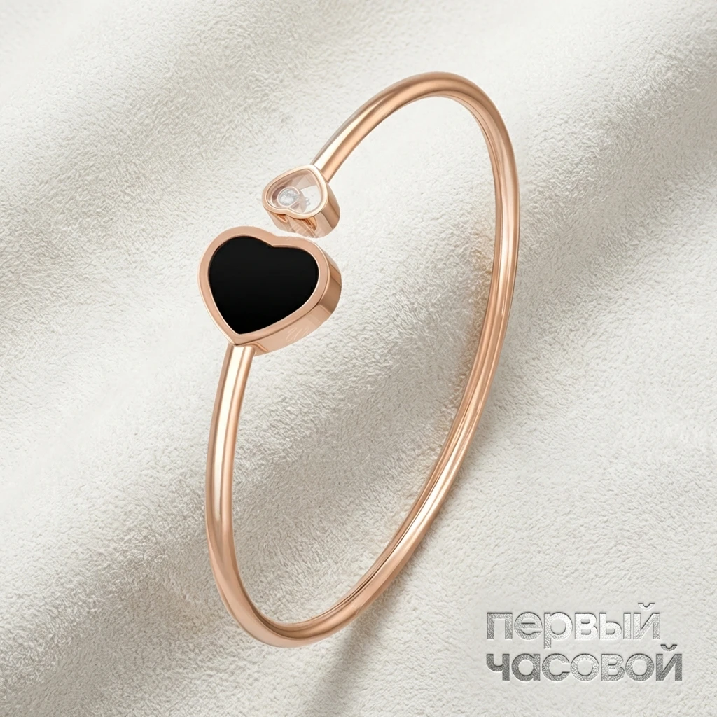 Купить украшение Chopard Браслет HAPPY HEARTS BANGLE, ETHICAL ROSE GOLD, DIAMOND, ONYX 857482-5202: в наличии в Москве!