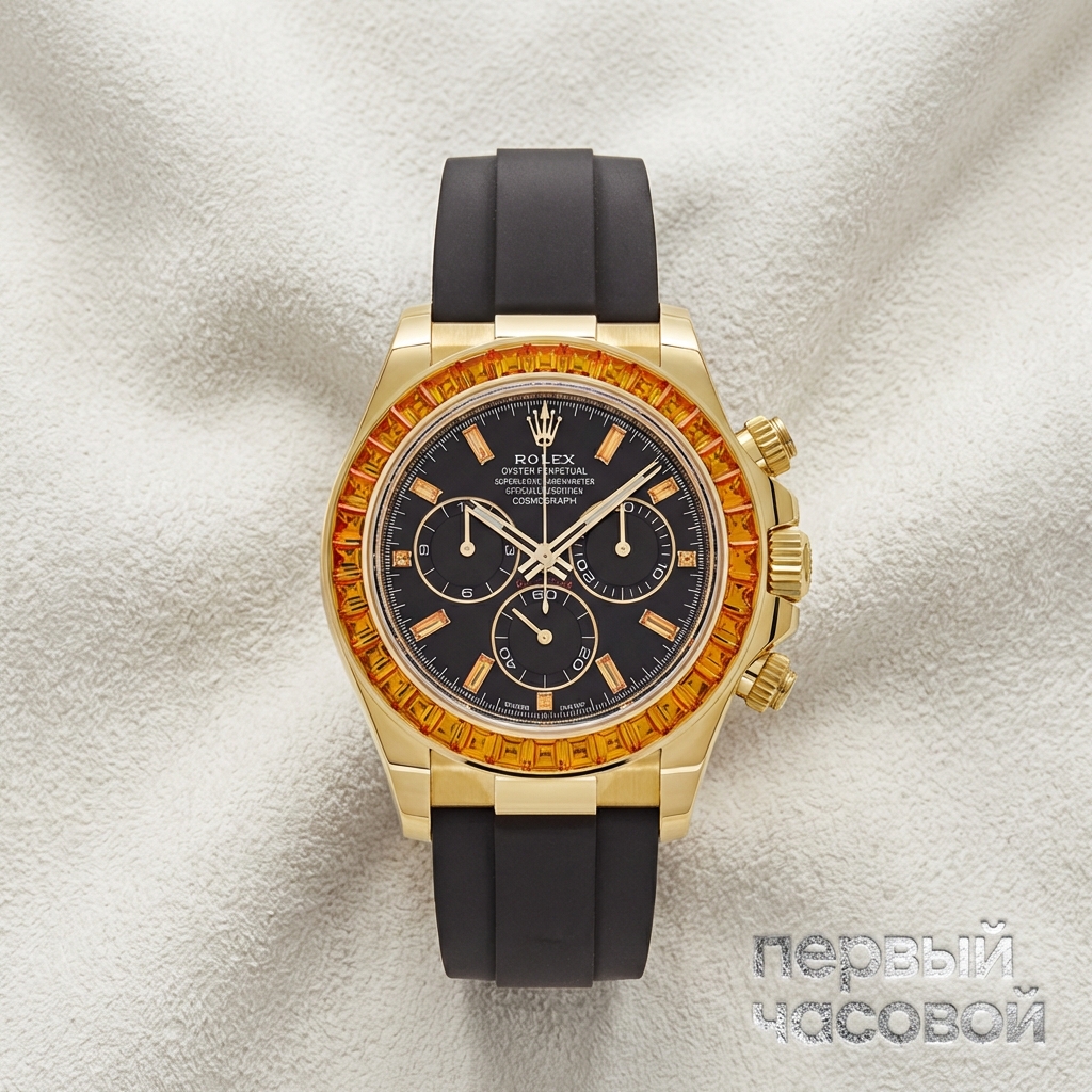 Rolex Тюнинг Daytona 116588Saco Yellow Gold Orange Sapphire Bezel Black Diamond Dial
