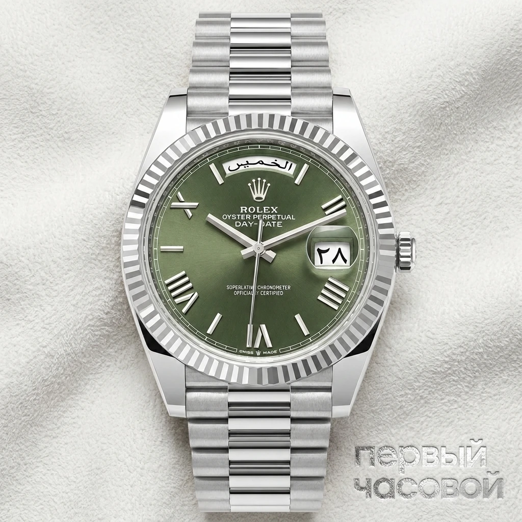 Купить элитные часы Rolex Oyster Perpetual White Gold Day-Date Olive Dial Arabic Date 228239: в наличии в Москве!
