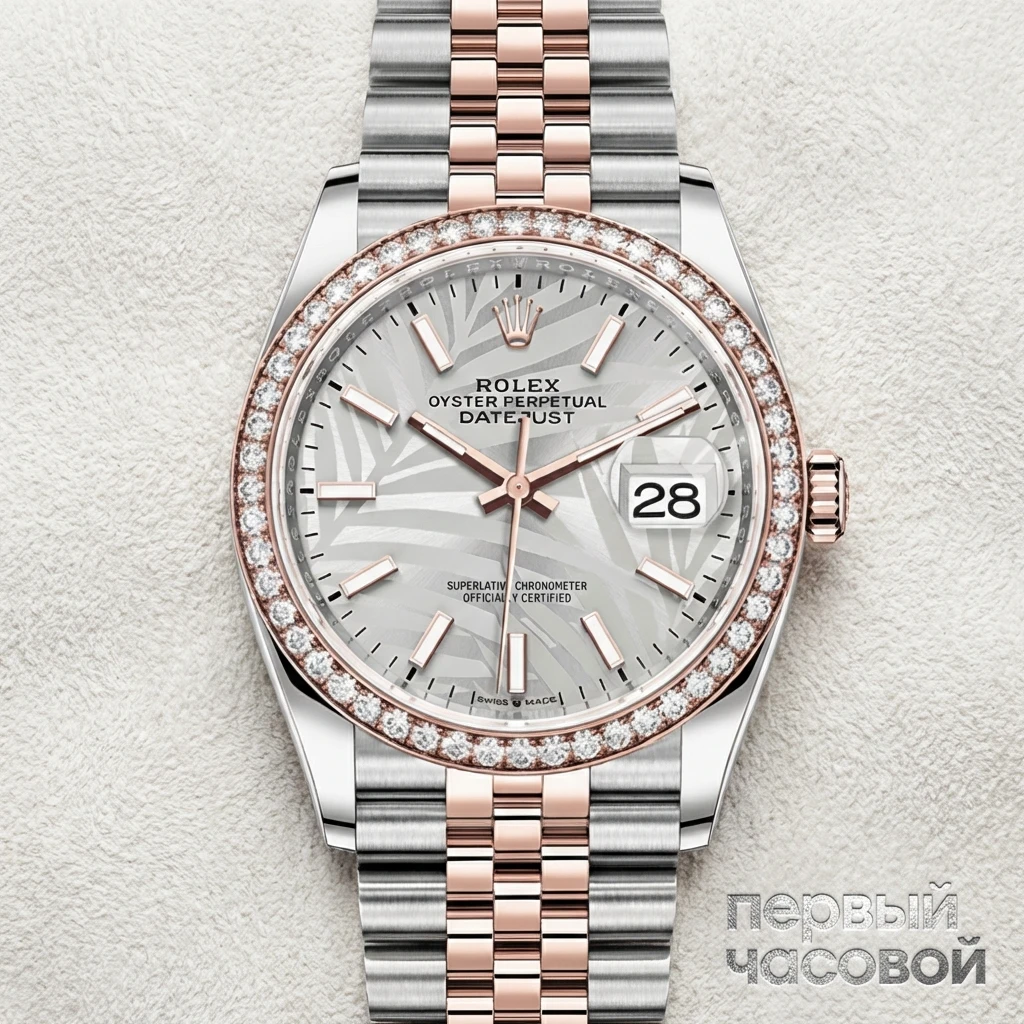 Купить элитные часы Rolex Datejust 36 Rose Gold/Steel Silver Palm Motif Dial Diamond Bezel Jubilee Bracelet 126281RBR: в наличии в Москве!