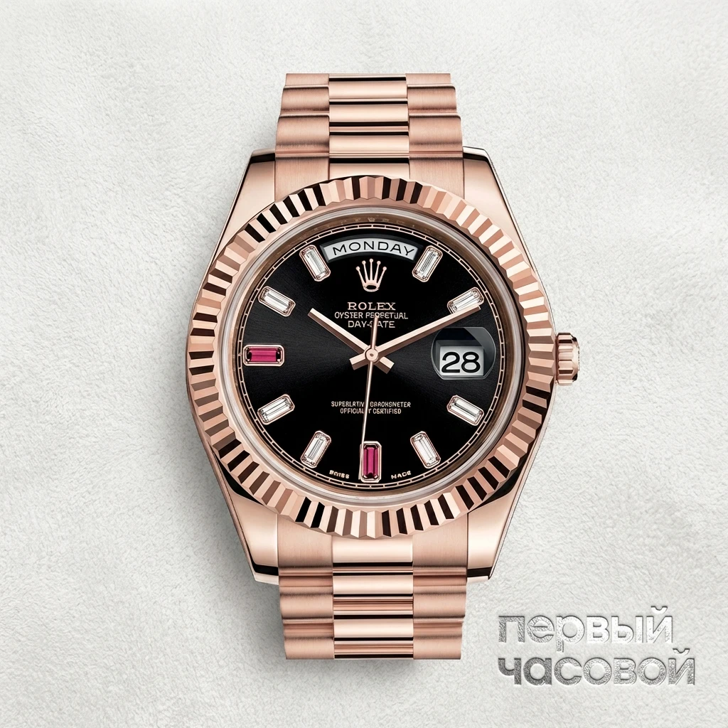 Купить элитные часы Rolex Day-Date II President Black Baguette Diamonds Ruby Rose Gold 218235: в наличии в Москве!