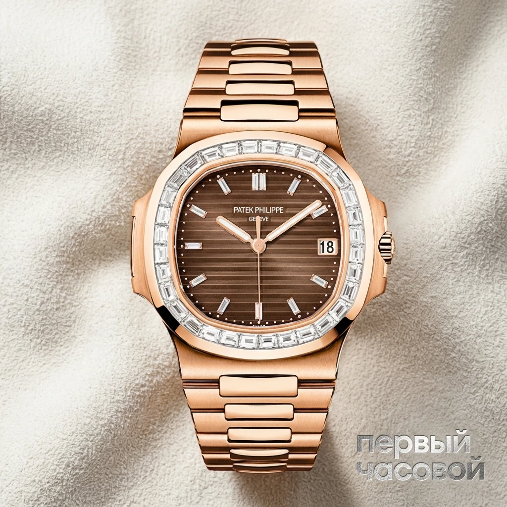 Купить элитные часы Patek Philippe CUSTOM Nautilus Rose Gold Brown Diamonds Dial 40mm Diamonds Bezel FIX 5723/1R: в наличии в Москве!