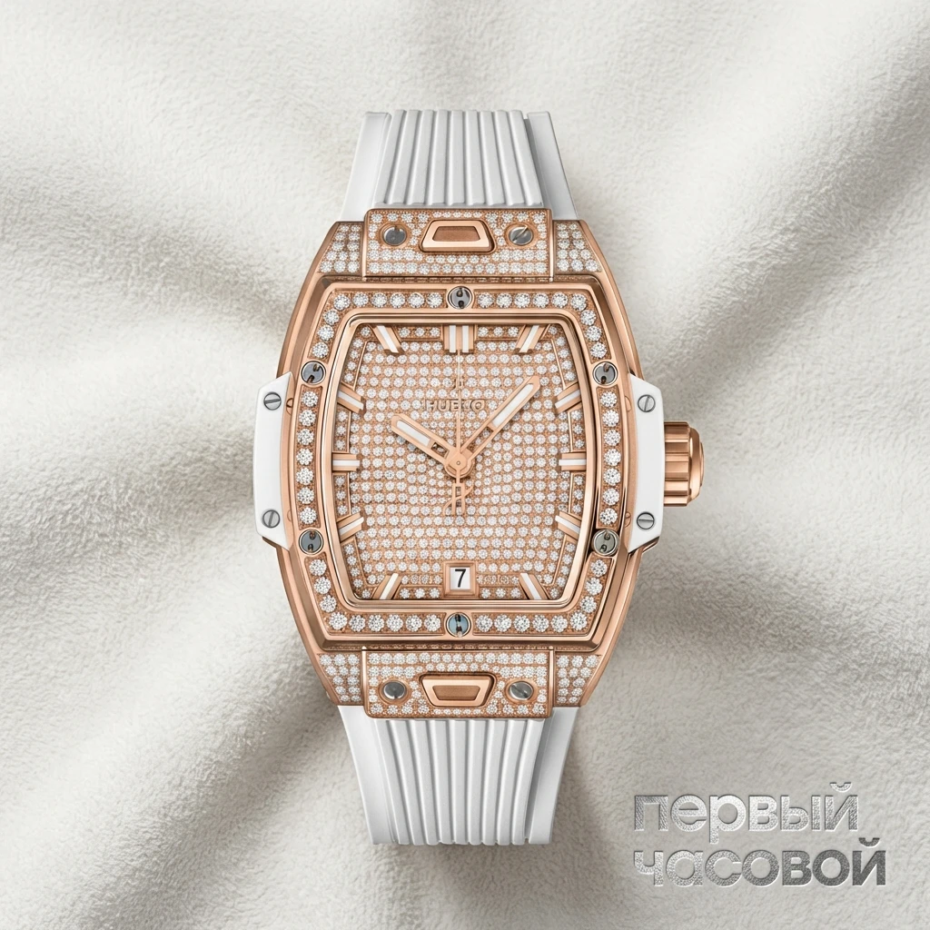 Купить элитные часы Hublot Shaped Spirit Of Big Bang King Gold White Full Pave 662.OE.9000.RW.1604: в наличии в Москве!