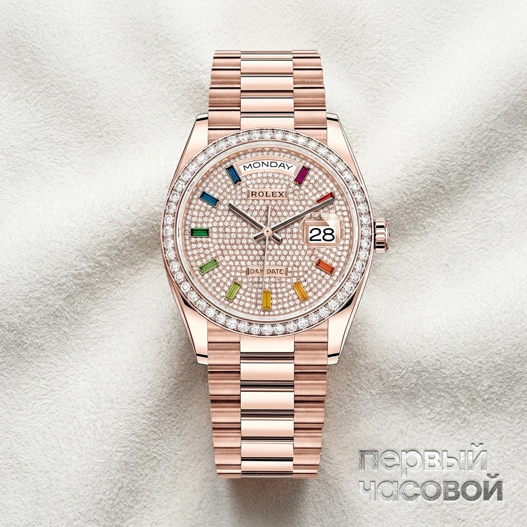 Купить элитные часы Rolex Day-Date 36 mm Everose Gold Rainbow Dial Diamond Bezel 128345RBR: в наличии в Москве!