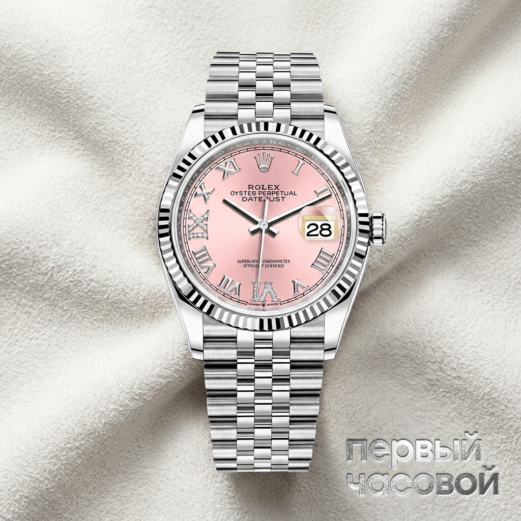 Rolex Datejust 36Mm Steel & White Gold Pink Dial Diamonds Pave
