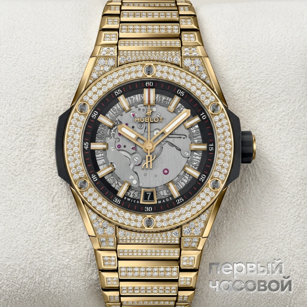Купить элитные часы Hublot Big Bang Integrated Time Only Yellow Gold Pave 456.VX.0130.VX.3704: в наличии в Москве!