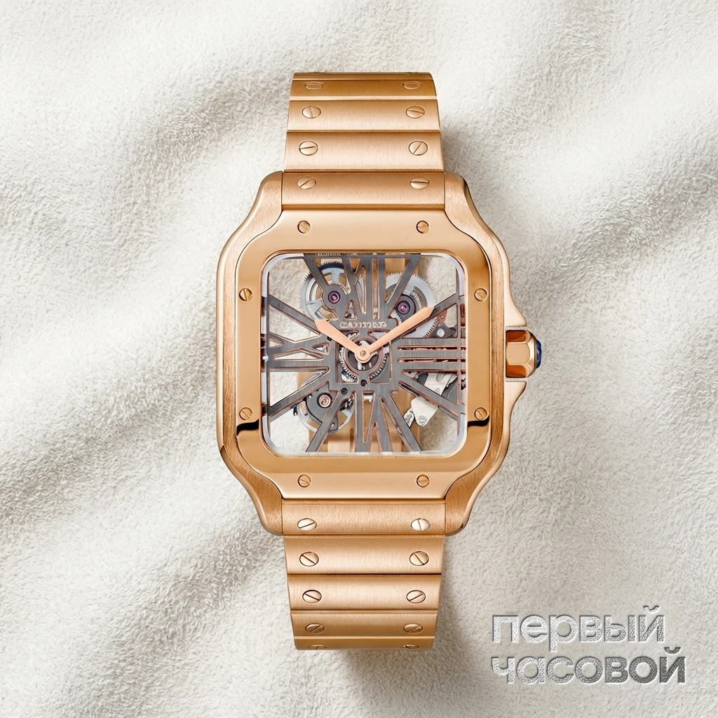 Купить элитные часы Cartier Large Rose Gold Santos de Cartier Skeleton WHSA0016: в наличии в Москве!
