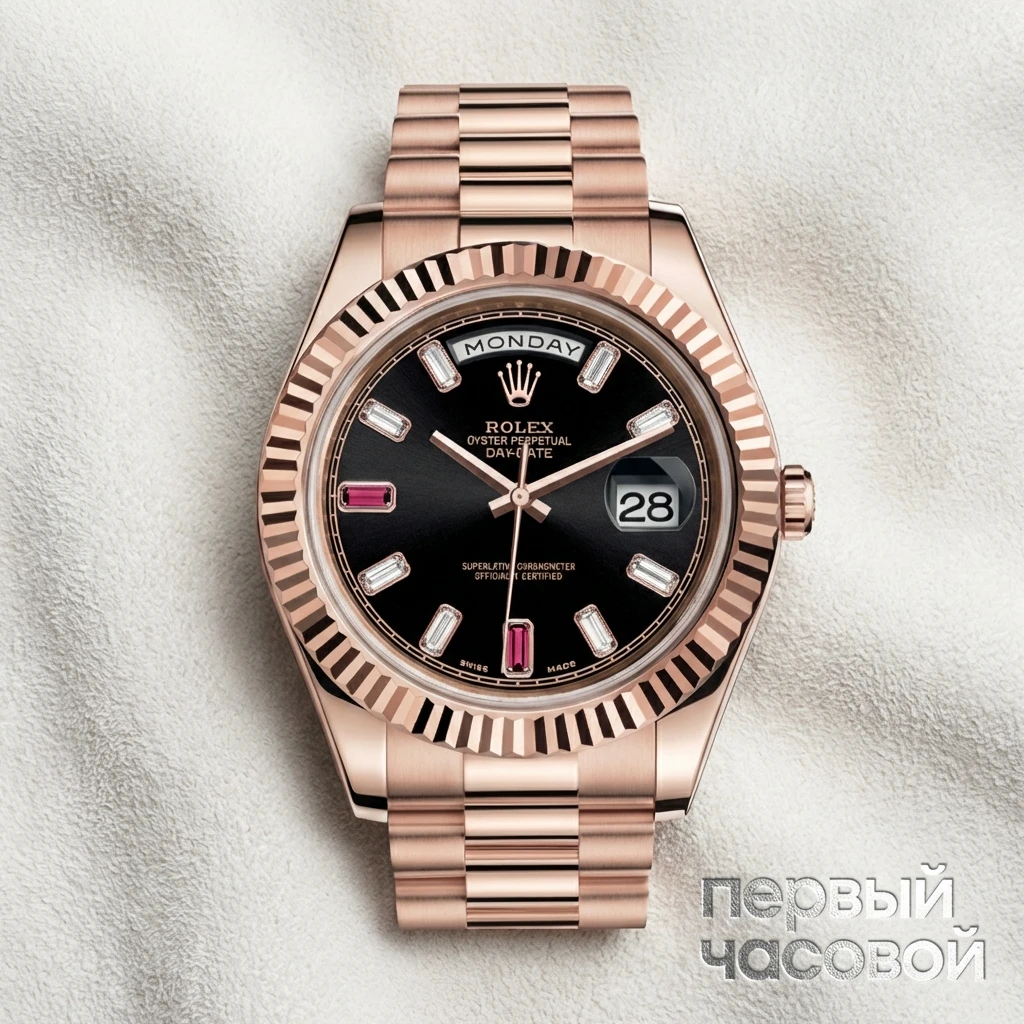 Купить элитные часы Rolex Day Date 41mm Black Diamond Ruby Dial 218235: в наличии в Москве!