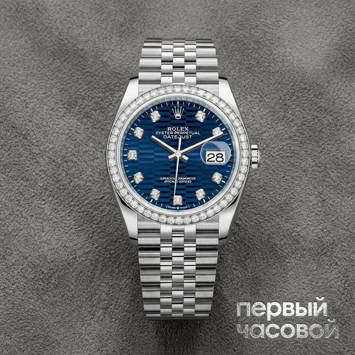 Rolex Datejust 36Mm Blue Motif Dial Diamond Bezel