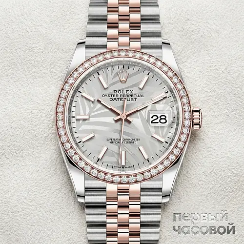 Datejust 36 Rose Gold/Steel Silver Palm Motif Dial Diamond Bezel Jubilee Bracelet
