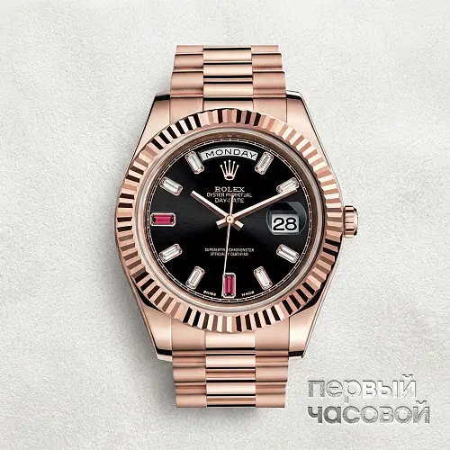 Day-Date II President Black Baguette Diamonds Ruby Rose Gold
