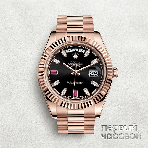 Day-Date II President Black Baguette Diamonds Ruby Rose Gold