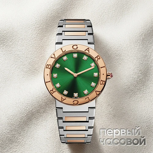 18k Rose Gold And Steel 33mm BB Green Diamond Dot Dial Ladies Watch