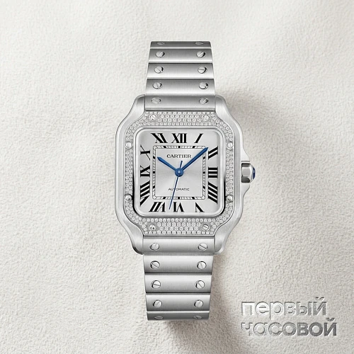 Santos De Cartier Medium Steel and Diamonds